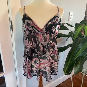 Lola Black and pink paisley abstract layered sheer ruffle Cami top/dress